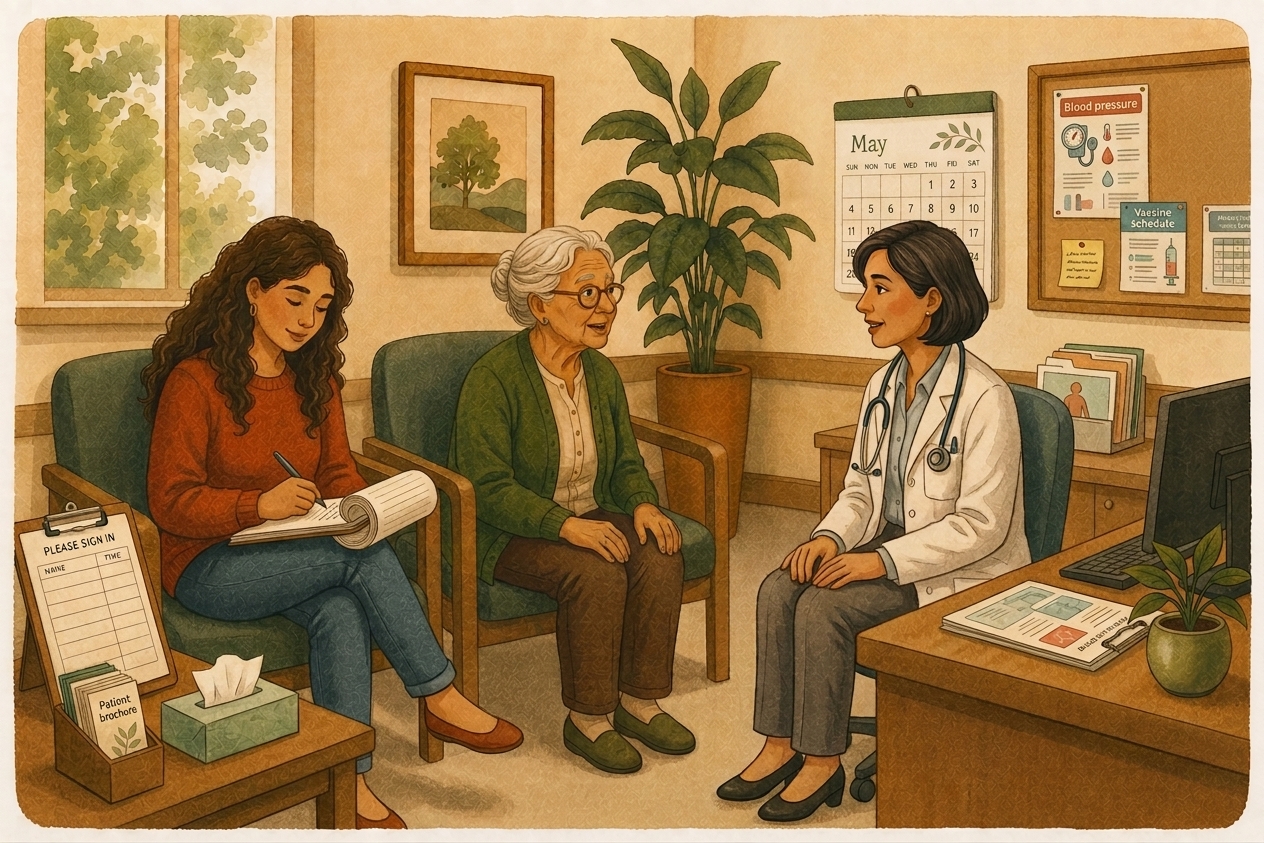 A care manager at a medical appointment with a client and her daughter