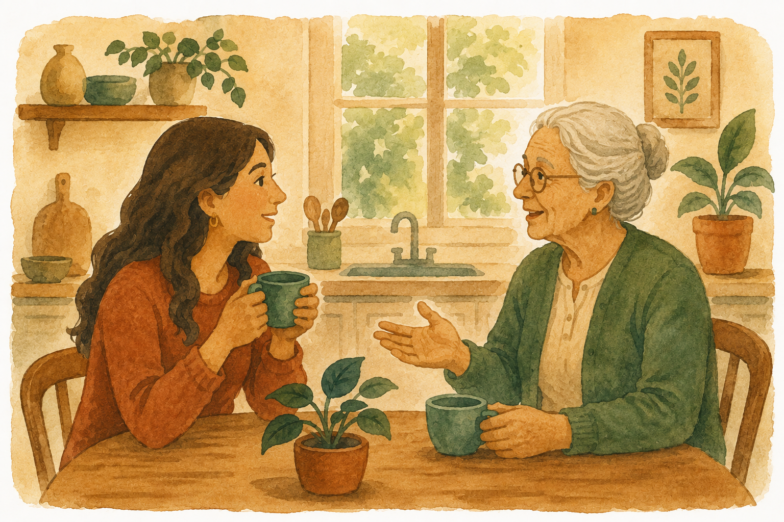 Denise talking with a client at her kitchen table