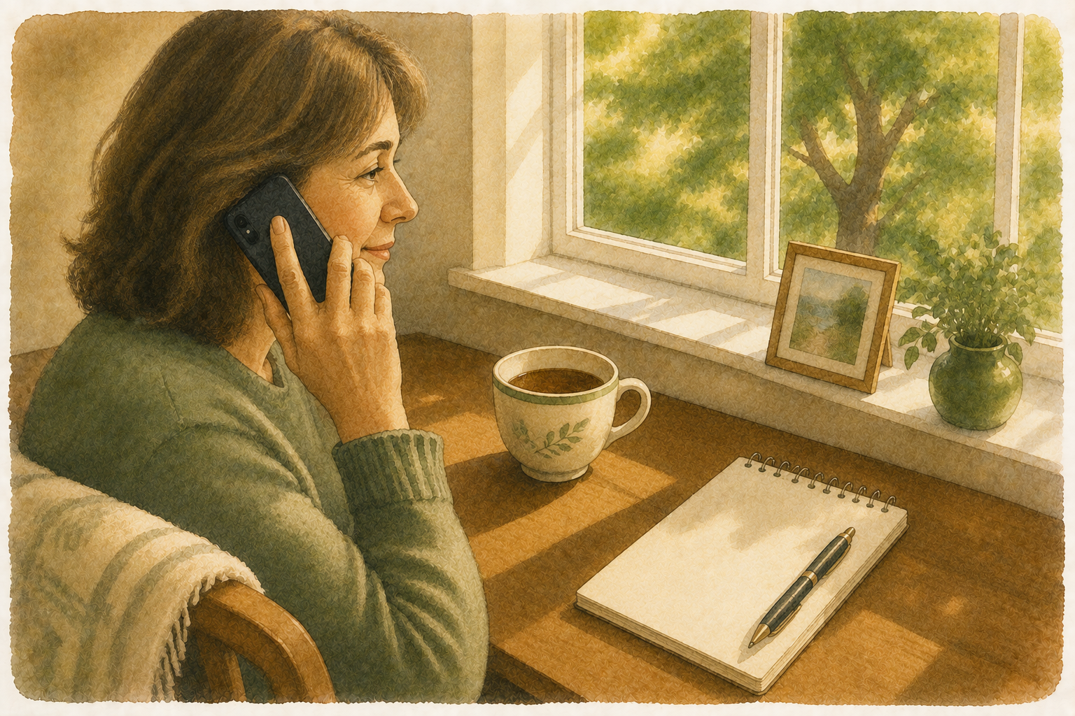 A daughter on the phone at her kitchen table